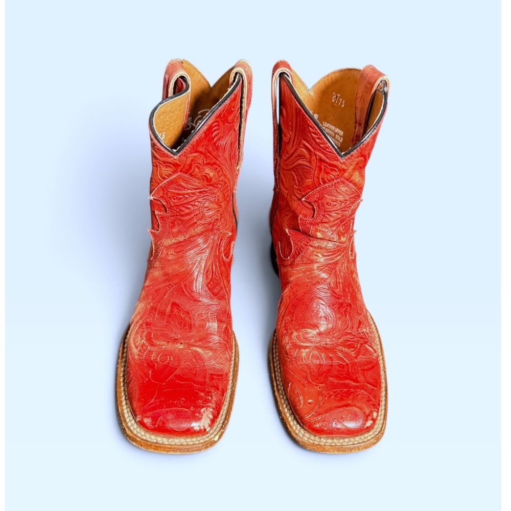 Vintage Dan Post Red Tooled Leather Cowboy Boots Women 7.5 M Square Toe Western - Picture 2 of 12